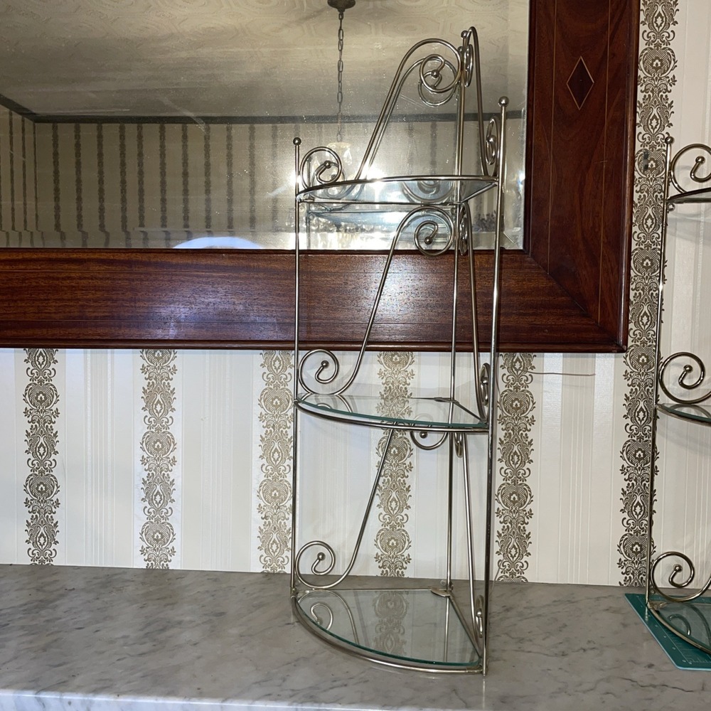 1 Vintage MCM Metal Wall Corner Shelf | 3 Shelves with Glass | 26" Tall Home Int